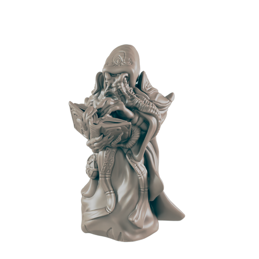 A sculpted figure of a hooded, robed figure studies an open book, its hands and a serpentine form intertwined.  The context is a neutral background.