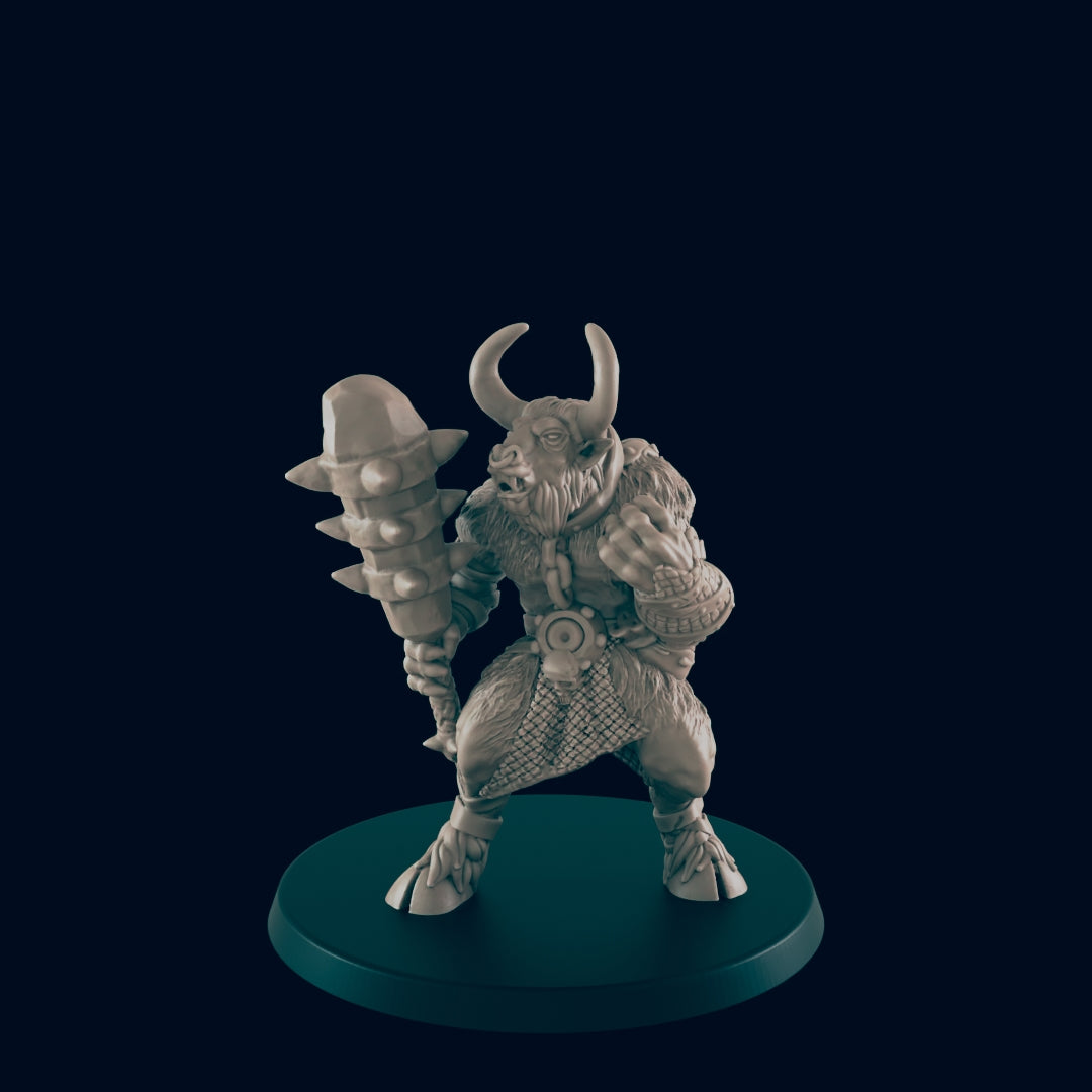A miniature minotaur figure, wielding a spiked club, stands on a dark circular base against a black background.