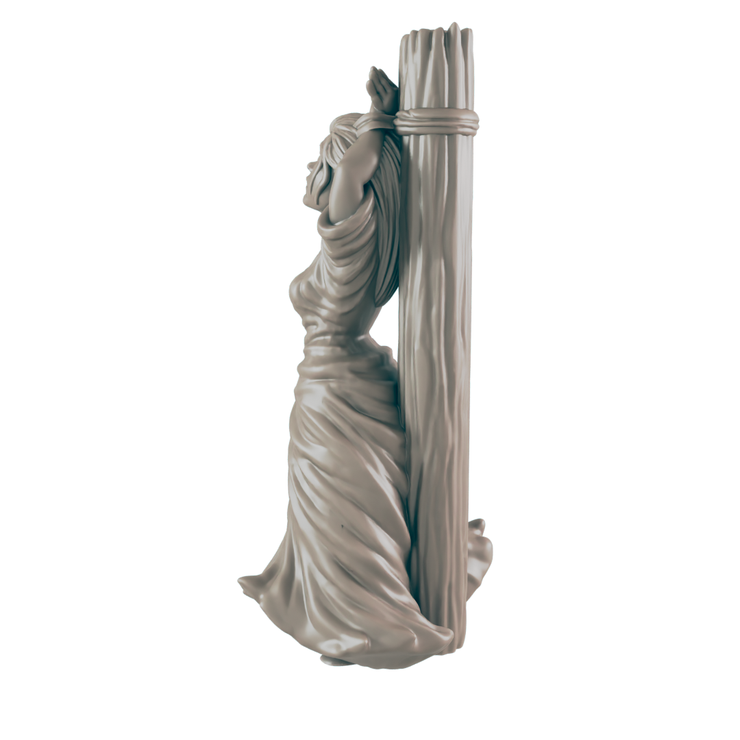 A sculpted female figure is bound to a post, her flowing robe suggesting movement, in what seems to be a solitary setting.