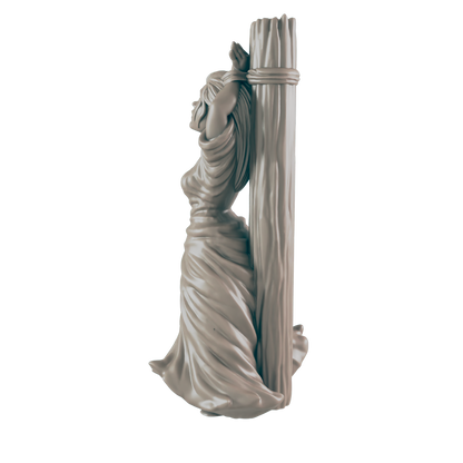 A sculpted female figure is bound to a post, her flowing robe suggesting movement, in what seems to be a solitary setting.