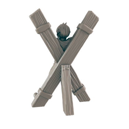A miniature figure is bound to a wooden pillory; the figure's back is to the viewer.  The setting appears to be a dark, isolated space.