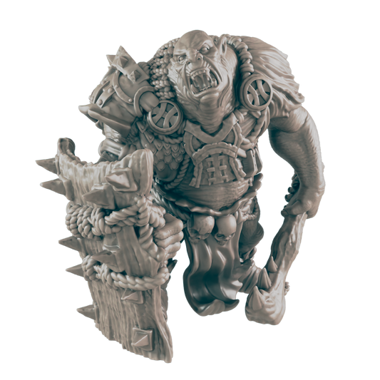 A snarling orc miniature holds a spiked wooden shield and club; it is adorned in tribal armor against a dark background.
