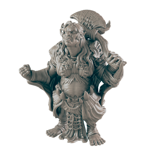 A female orc miniature stands, fists clenched, against a dark background.  She wears a robe and carries an axe.