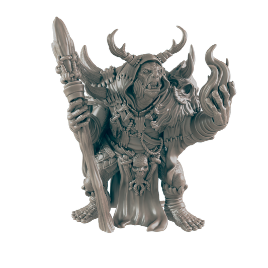 A sculpted orc shaman figure stands, holding a staff and conjuring flames; it’s adorned with bones and antler headwear, against a dark background.