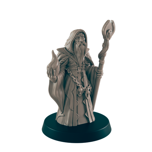 A miniature wizard figurine stands on a circular base; he holds a flame in one hand and a staff in the other.  The figurine is sculpted in a hooded robe, against a dark background.