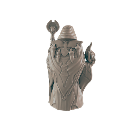 A miniature figure of a robed figure, holding a staff and gesturing, is presented against a dark background.