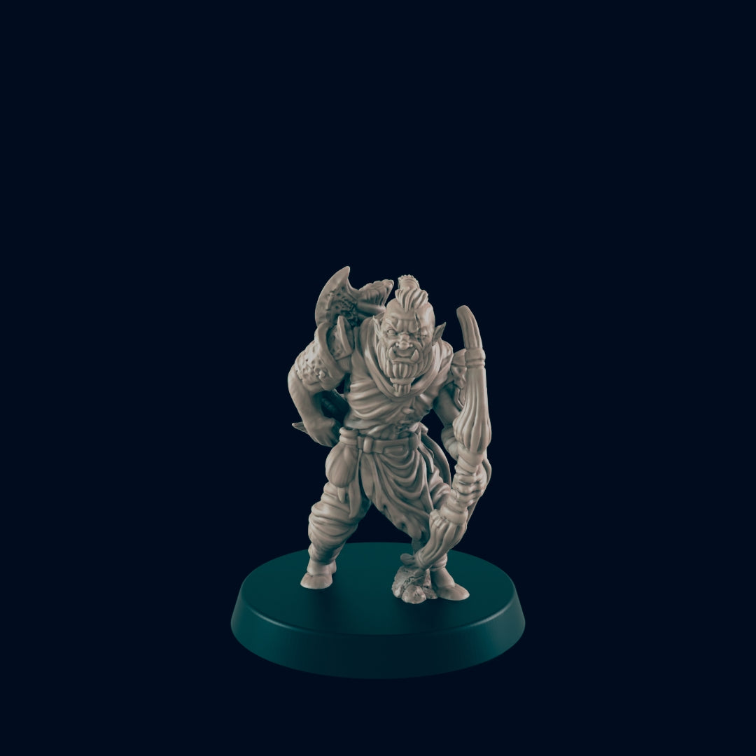 An orc miniature stands, posed with a bow in one hand and a weapon on its back, on a dark teal base against a dark teal background.
