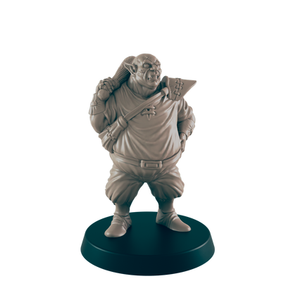 A tan, stout ogre miniature stands on a dark circular base.  It carries a club over its shoulder. The figure is sculpted in a neutral, possibly fantasy, context.