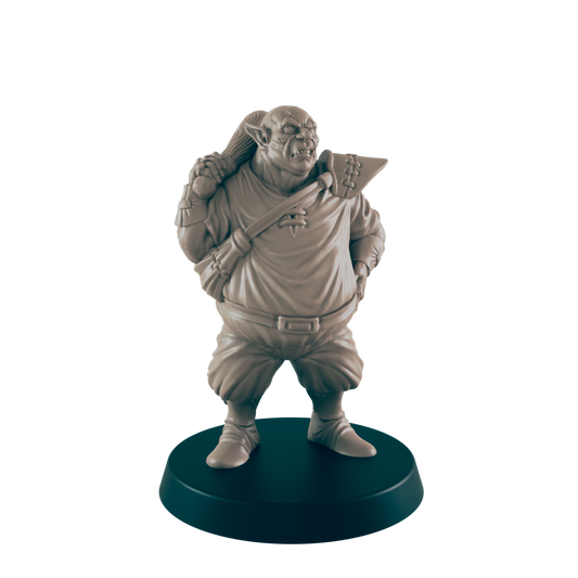 A tan, stout ogre miniature stands on a dark circular base.  It carries a club over its shoulder. The figure is sculpted in a neutral, possibly fantasy, context.