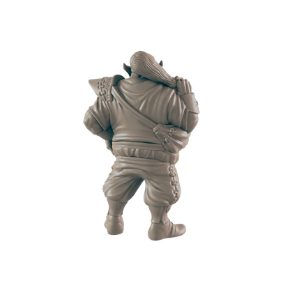 A miniature figurine of a stout, long-haired figure stands against a dark background.  The figure wears a tunic and pants, carrying a satchel.
