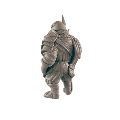 A miniature figurine of a heavily armored dwarf stands facing away from the viewer, on a plain background.