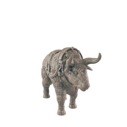 A yak stands, wearing a segmented harness, against a black background.
