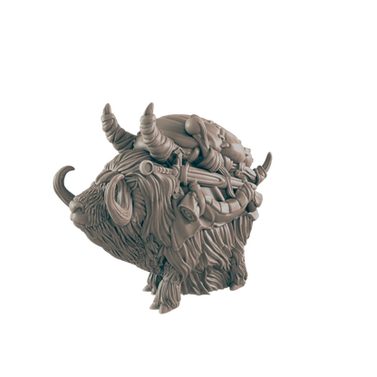 A yak miniature carries a detailed load, appearing to be a three-dimensional model, possibly for a game or collectible.
