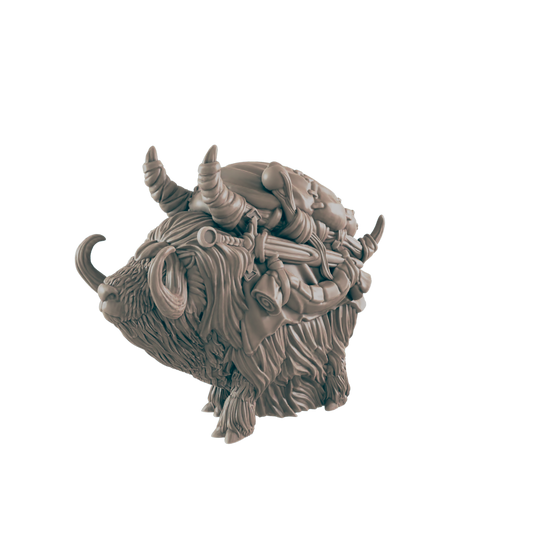 A yak miniature carries a detailed load, appearing to be a three-dimensional model, possibly for a game or collectible.