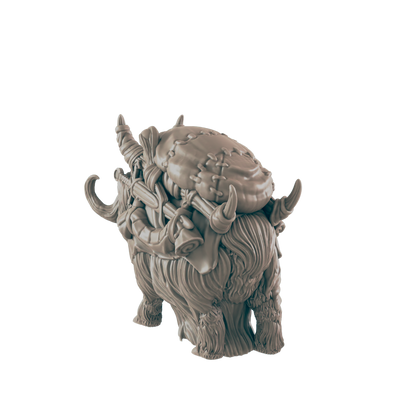 A yak miniature carries a pack and weapons on its back against a dark background.