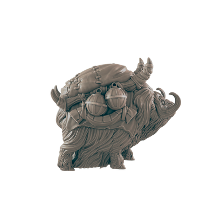 A hairy beast carries a pack and two bells.  It stands against a plain background.