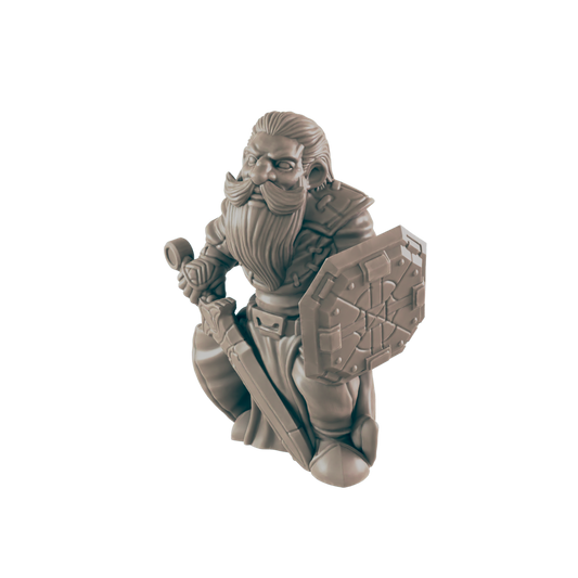 A miniature dwarf kneels, holding a sword and shield, with a long beard, and wearing armor. The background is black.