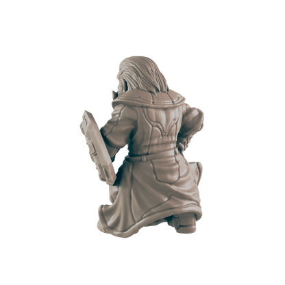 A stone figure kneels, holding a shield in the dark. The figure has long hair and wears an ornate robe.