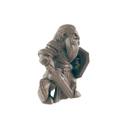 A dwarf miniature figurine stands, wielding a sword and shield, against a dark background.