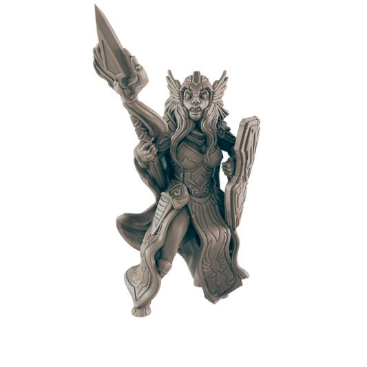 A gray warrior figure holds a spear aloft in one hand and a shield in the other; she wears armor and a winged helmet against a black background.
