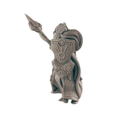 A monochrome, clay-colored miniature figure stands in place; armored, with a shield, it holds a decorative spear aloft into the empty space.