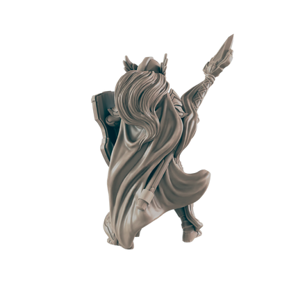 A miniature figurine, appearing to be a female warrior, stands with a raised staff and shield, against a plain background.