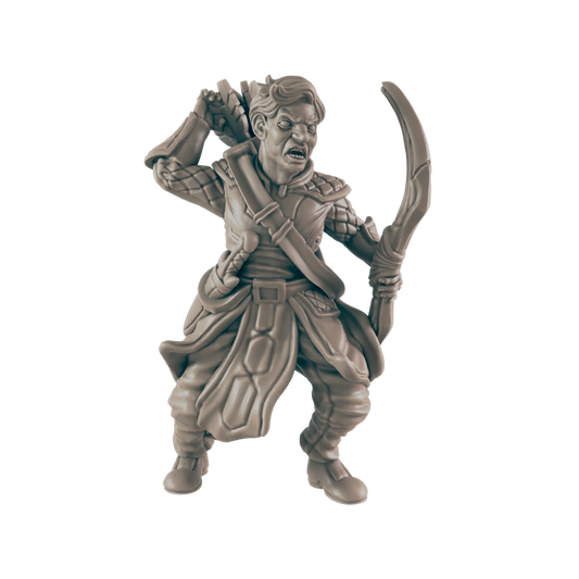 A monochrome miniature archer, poised to fire an arrow, stands holding a bow in a nocked position while reaching for another arrow with a grimacing expression.