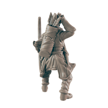 Archer miniature, seen from the back, shields eyes with hand while looking into the distance, quiver full of arrows and bow strapped to back, neutral backdrop.