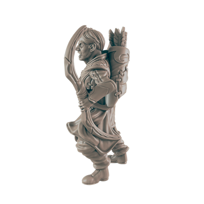 A miniature figurine of a male archer stands, holding a bow, with a quiver on his back, against a dark background.