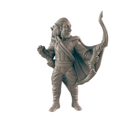 A clay elf miniature stands prepared to shoot an arrow from their bow, ready for battle.