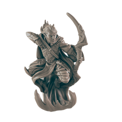 A sculpted elf miniature, wielding a curved bow, floats on a sculpted base against a dark background.