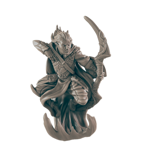 A sculpted elf miniature, wielding a curved bow, floats on a sculpted base against a dark background.