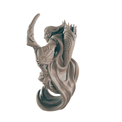 A sculpted elf, wielding a curved blade and bow, stands in a flowing cloak.