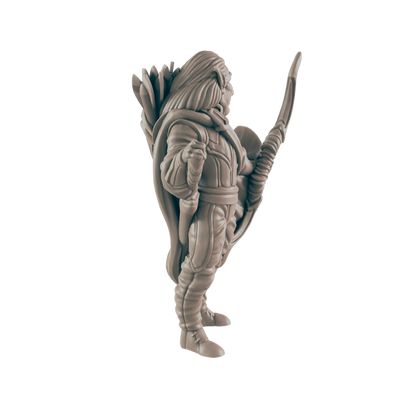 A miniature figurine of a warrior stands, holding a bow and quiver,  against a black background.