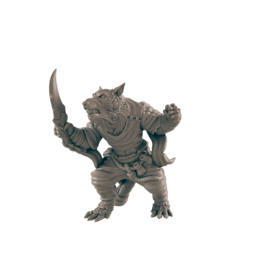 A wolf-like figure, wielding a dagger, attacks in a dynamic pose.  The miniature is sculpted in a neutral grey, suggesting a tabletop game context.