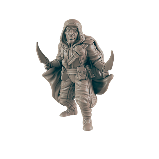 A rogue miniature stands, wielding two curved daggers. He wears a hooded cloak and utility belt against a solid black background.