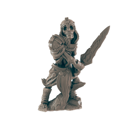A skeletal warrior miniature, wielding a large sword, stands on a rocky base.