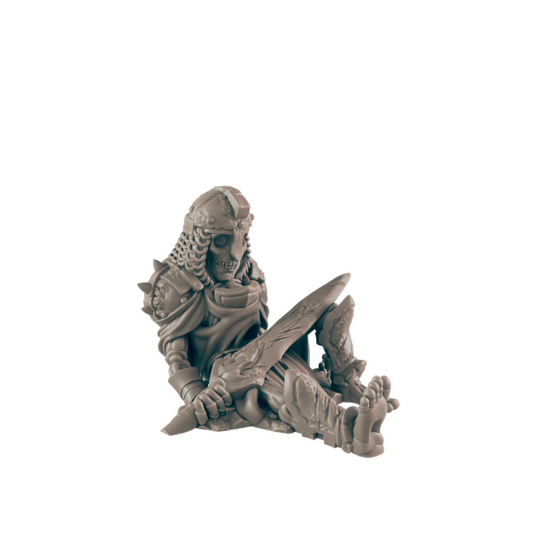 A skeletal warrior miniature sits slumped, holding a large sword, against a black background.
