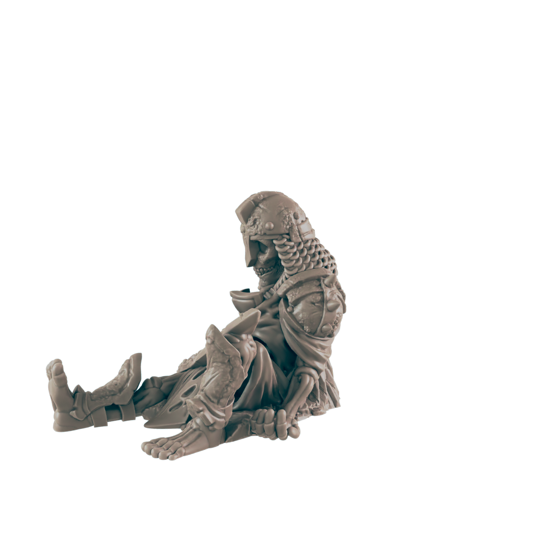 A skeletal figure in armor sits slumped; its pose suggests defeat or exhaustion, against a plain dark background.