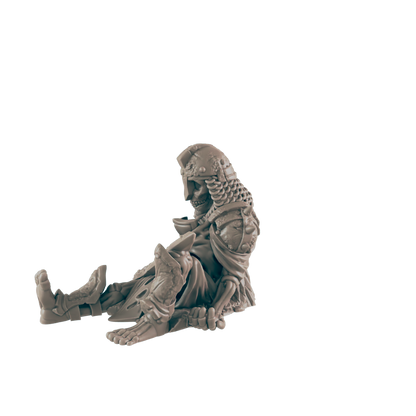 A skeletal figure in armor sits slumped; its pose suggests defeat or exhaustion, against a plain dark background.