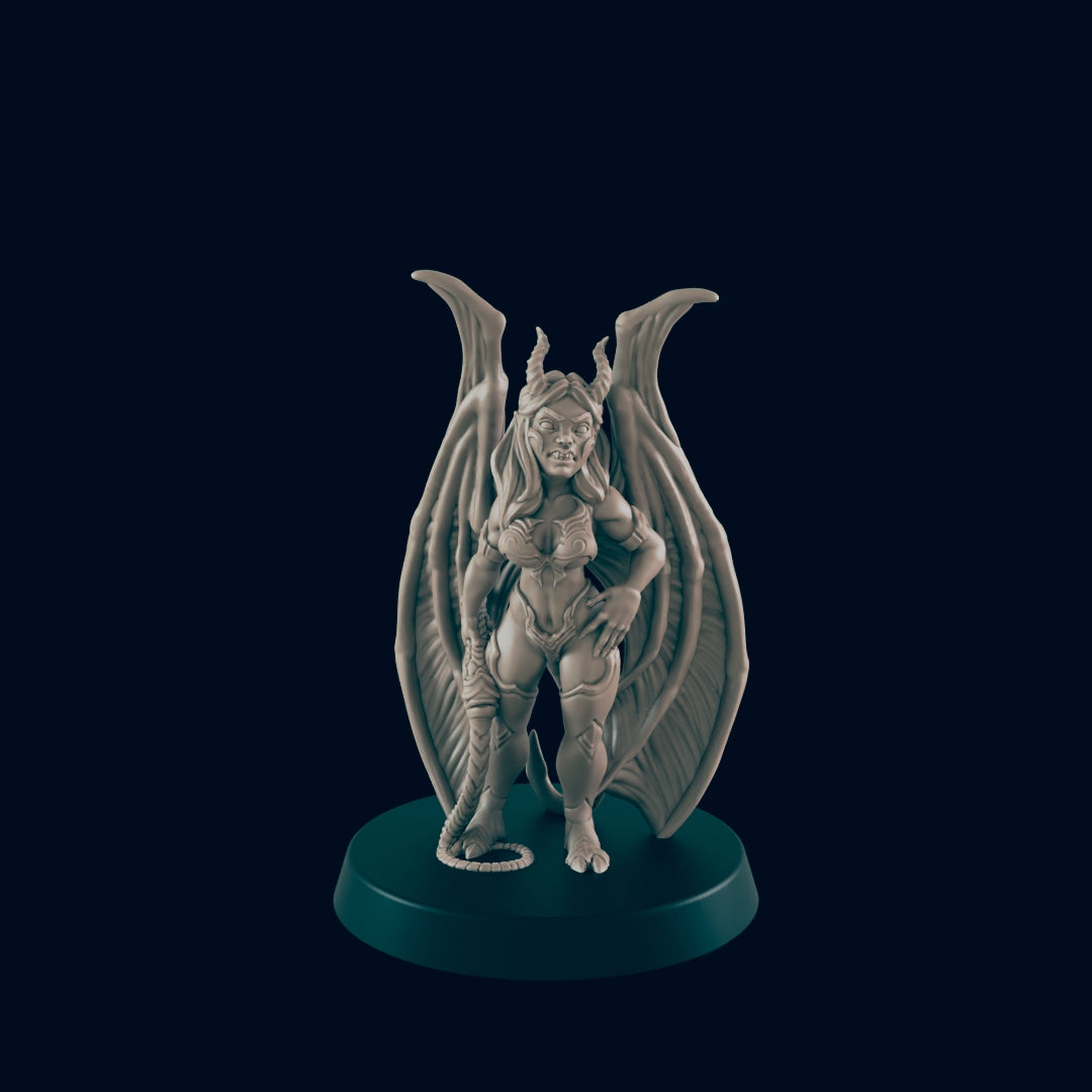 A female devil figurine stands on a circular base,  holding a whip, against a dark background.