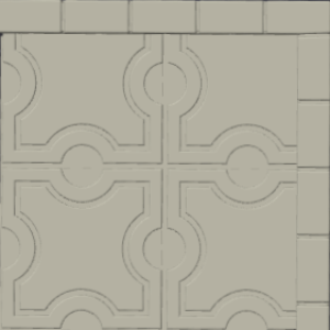 Stone tiles are arranged. Each has a pattern of quarter circles with circles at their ends forming square-like figures. The tiles are bordered above and on the right with rectangular blocks.
