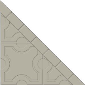 A triangular concrete tile pattern with geometric shapes is set against a solid black background, filling the lower left corner of the frame.