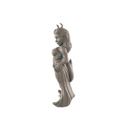 A sculpted female figure stands, draped in flowing robes, against a black background.
