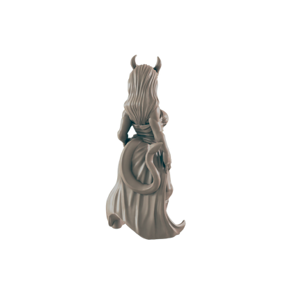 A female figurine, with horns and a tail, stands in a flowing gown against a dark background.
