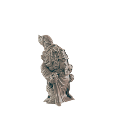 A turtle-like miniature figure, standing, appearing to hold something, is situated against a dark background.