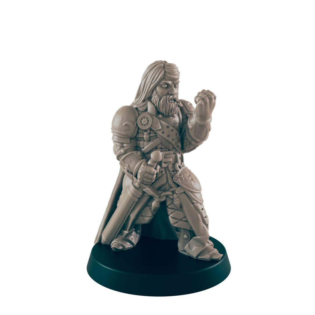 A miniature warrior holds a fist up, as though casting a spell. The figurine is made of beige material and stands on a black base.