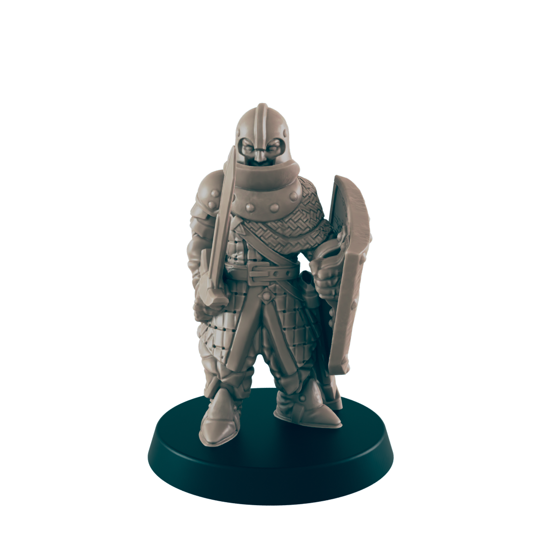 A knight figurine stands, equipped with sword and shield, on a round base, against a black background.