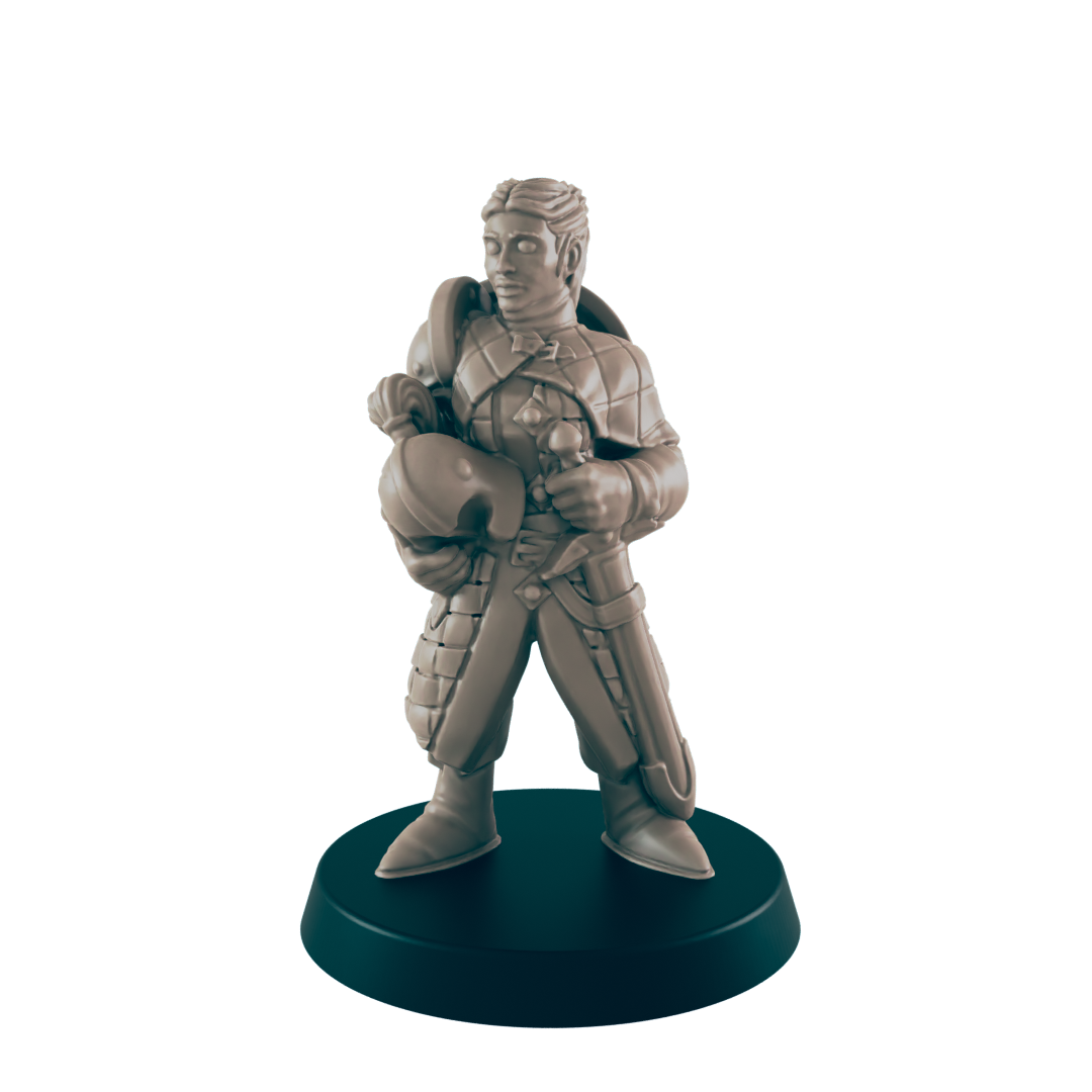 The clay miniature stands ready, holding a football helmet in one arm and a sword in the other, on a circular black base.