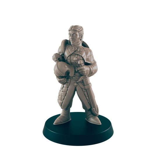 The clay miniature stands ready, holding a football helmet in one arm and a sword in the other, on a circular black base.